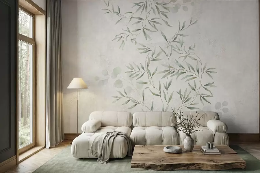 wall murals Delicate botanical pattern with thin branches on light background w05424