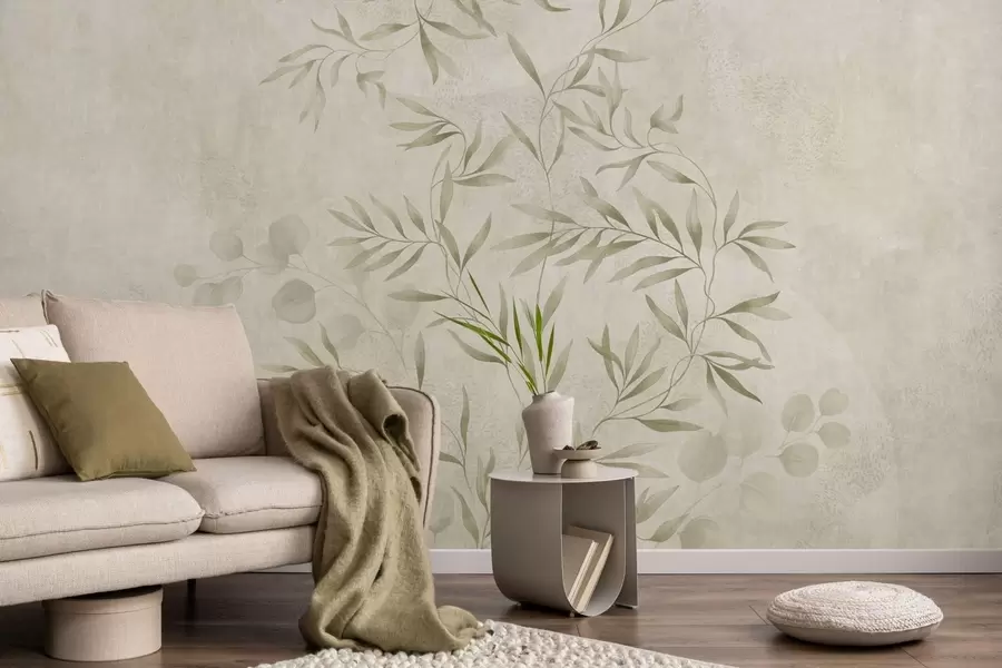 Wall Mural Photo Wallpaper Botanical pattern in light green tones on textured background w05424v1