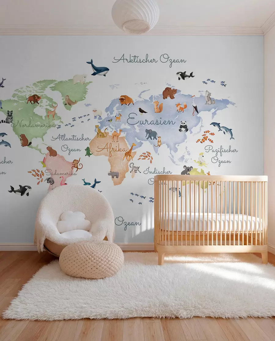 wall murals A watercolor-style White map featuring animals. Labels in German c00012de