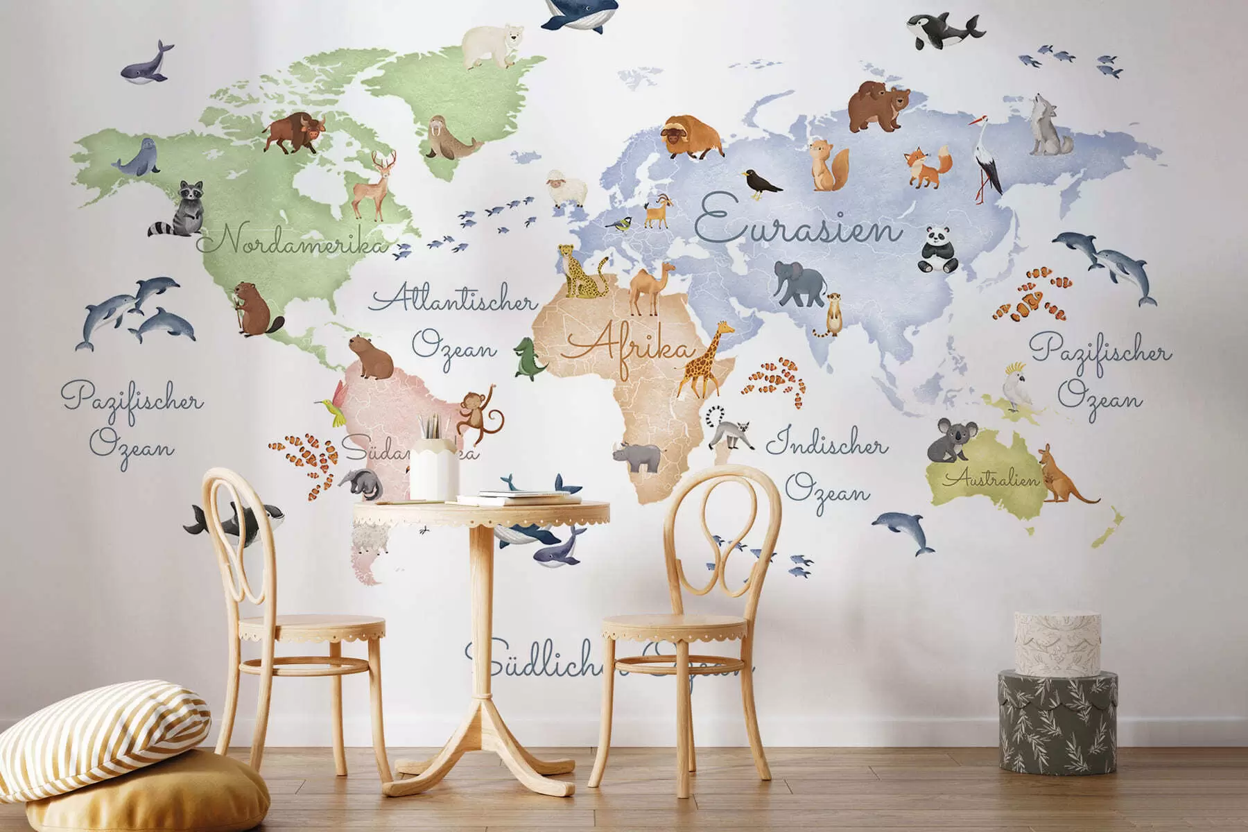 peintures murales Une carte blanche de style aquarelle représentant des animaux. Légendes en allemand c00012de