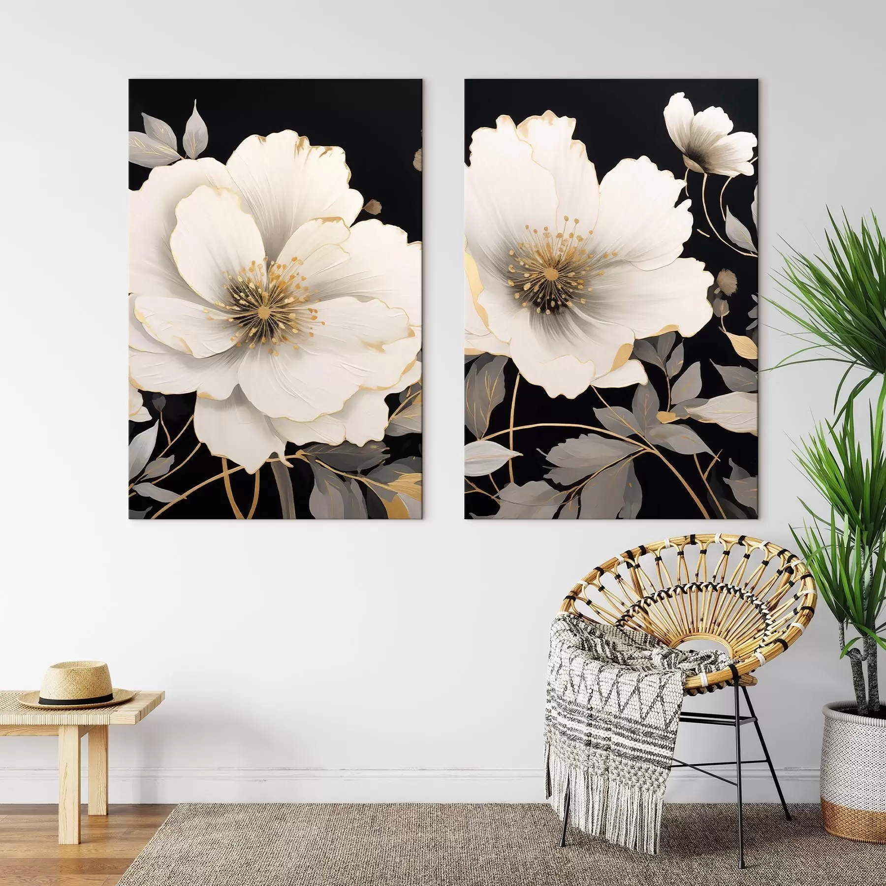 murales flores blancas sobre fondo negro m30280