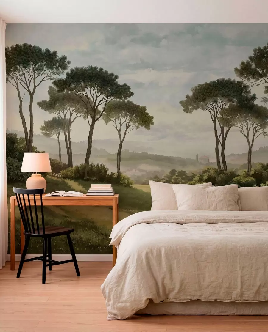 wall murals Landscape with trees, meadow and distant mist w05122v1