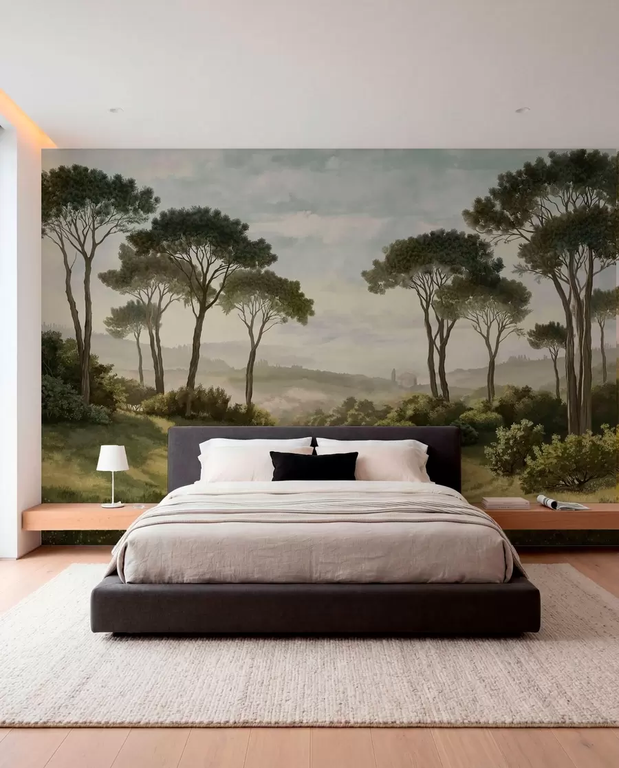wall murals Landscape with trees, meadow and distant mist w05122v1