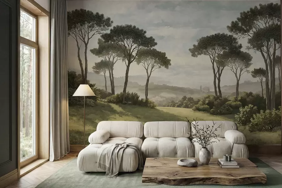 murales Paisaje con árboles, pradera y neblina en la lejanía w05122v1