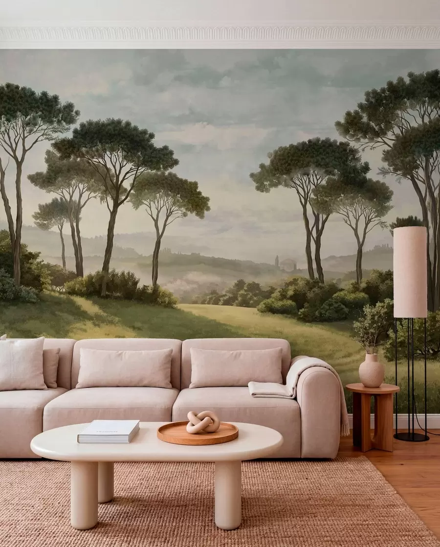 wall murals Landscape with trees, meadow and distant mist w05122v1