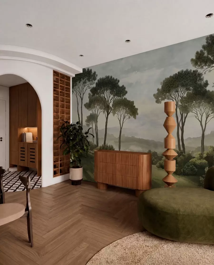 peintures murales Paysage avec des arbres, une prairie et de la brume au loin w05122v1