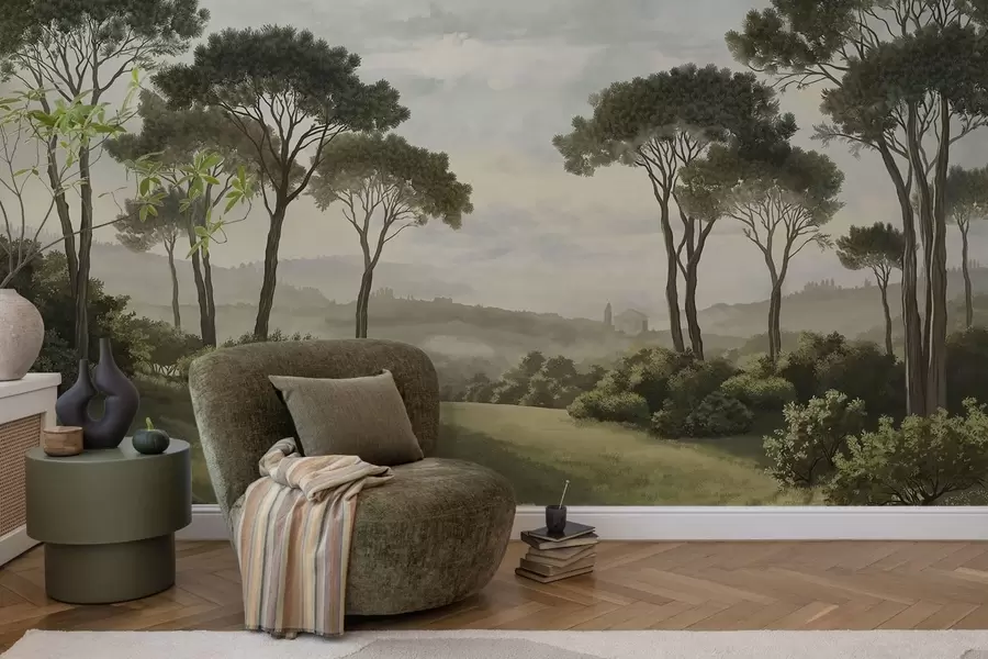 peintures murales Paysage avec des arbres, une prairie et de la brume au loin w05122v1