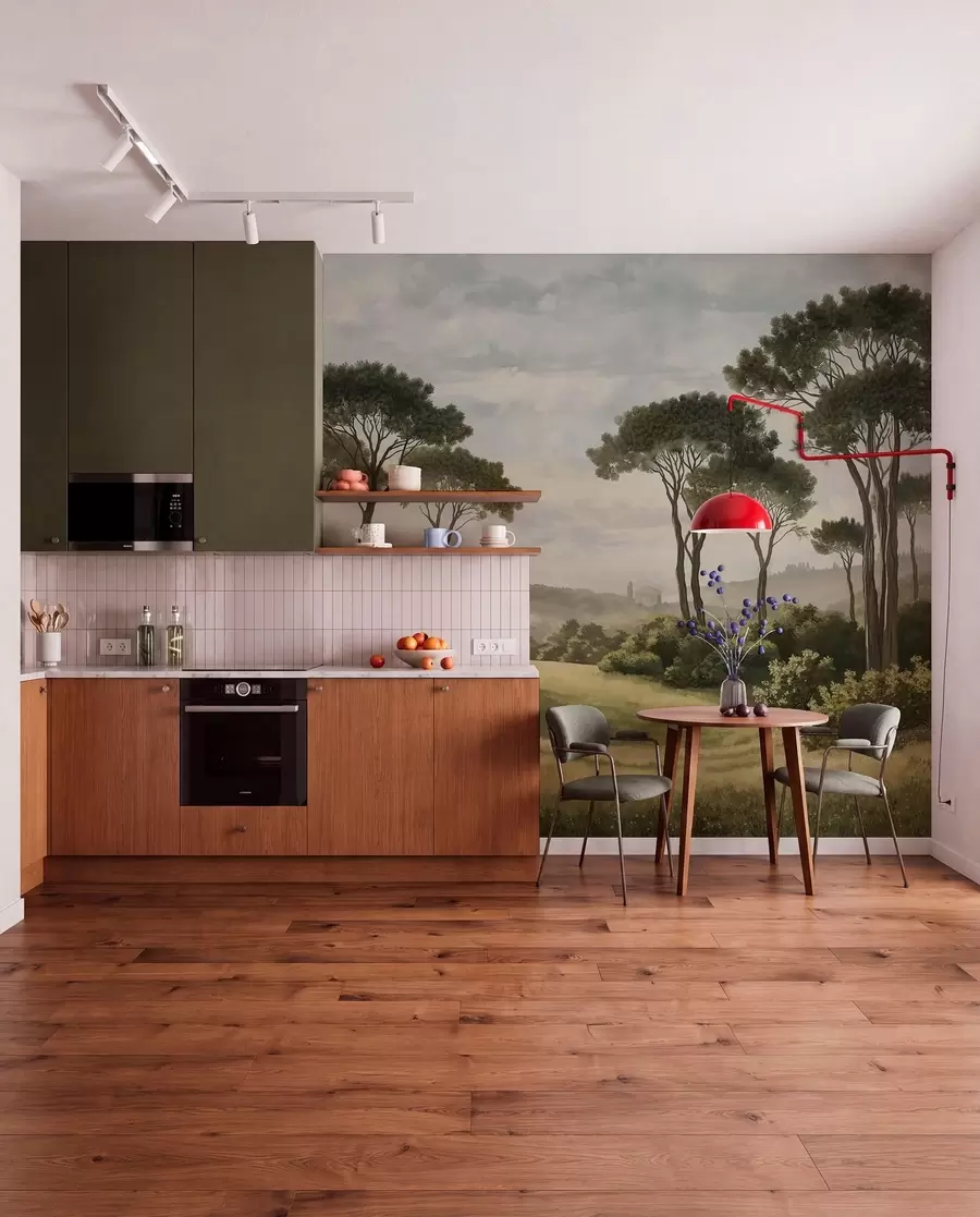 peintures murales Paysage avec des arbres, une prairie et de la brume au loin w05122v1