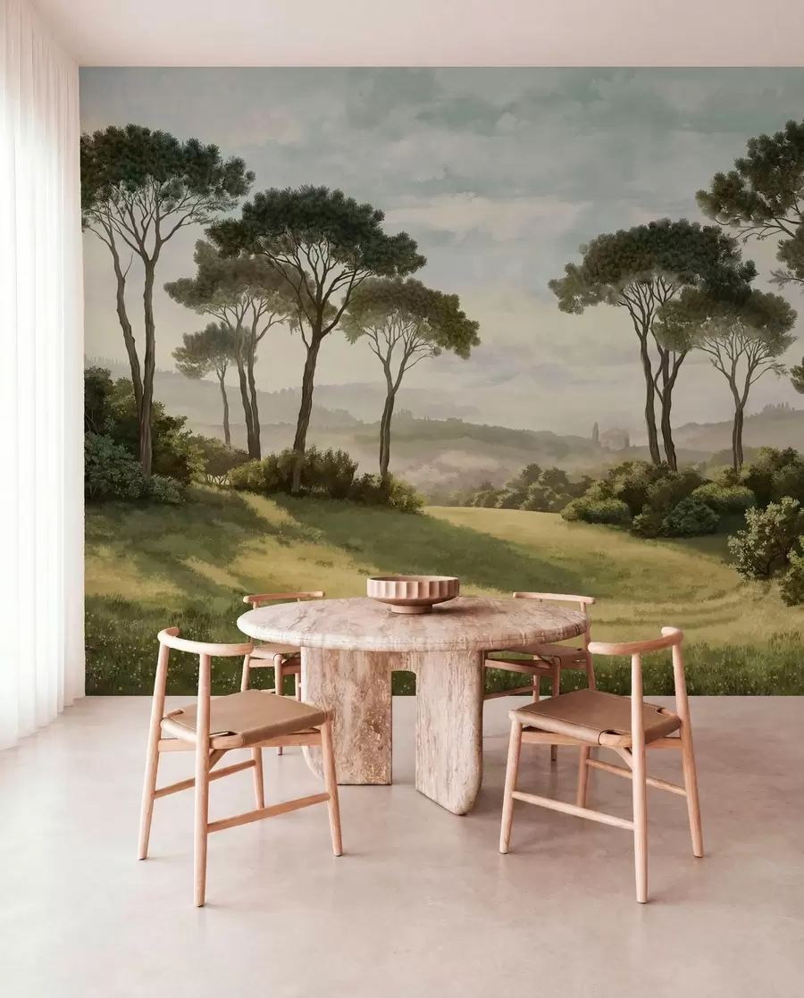 wall murals Landscape with trees, meadow and distant mist w05122v1