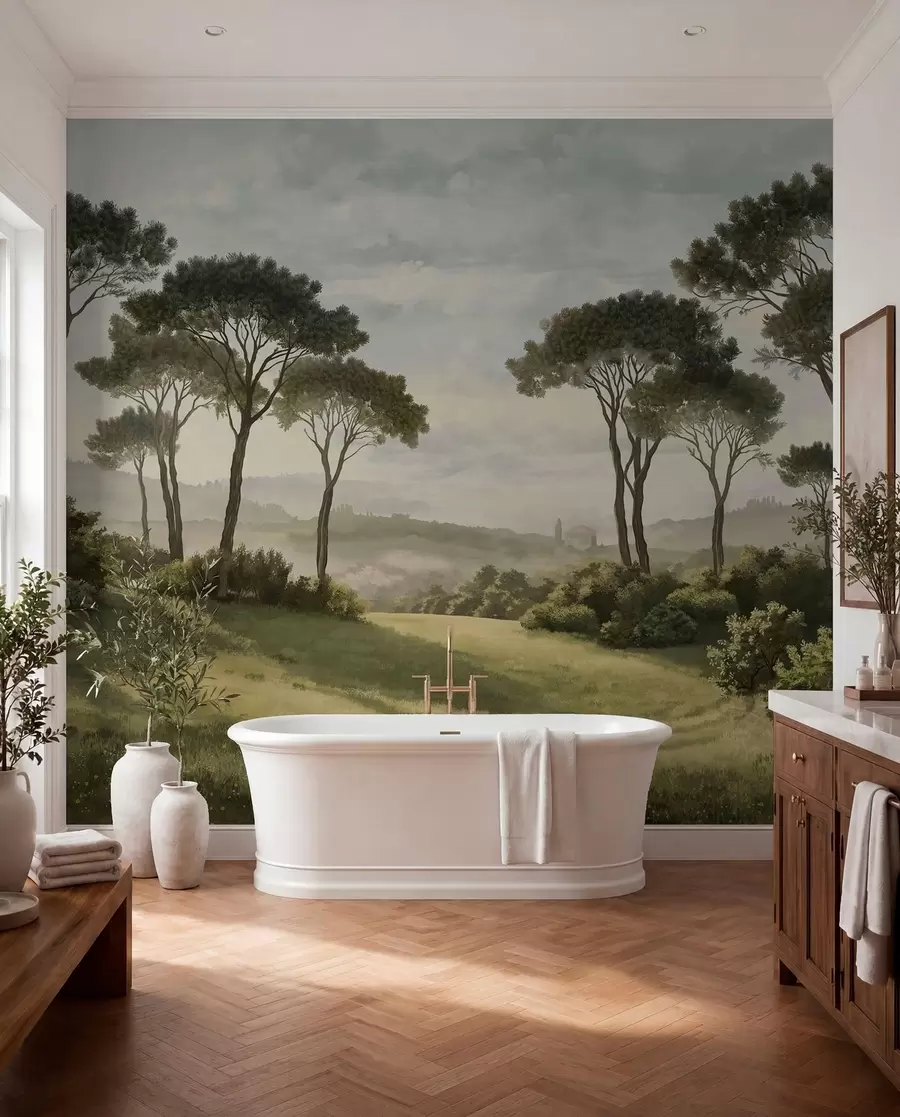 wall murals Landscape with trees, meadow and distant mist w05122v1