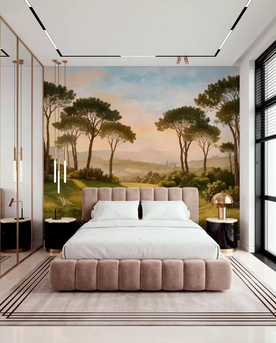 Wall Mural Photo Wallpaper Landscape with trees in warm sunset light w05122