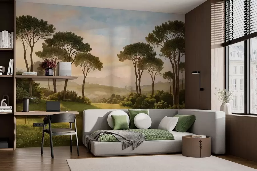 peintures murales Paysage avec des arbres baignés dans la lumière chaude du coucher de soleil w05122