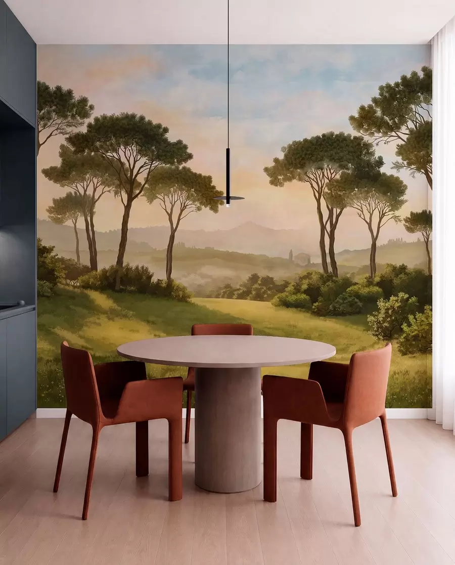 murales Paisaje con árboles bajo la cálida luz del atardecer w05122