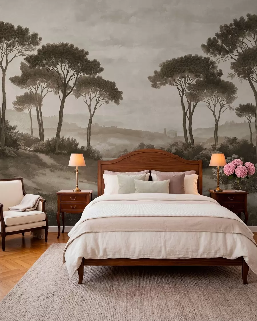 peintures murales Paysage avec des arbres dans des tons sépia vintage w05122v2