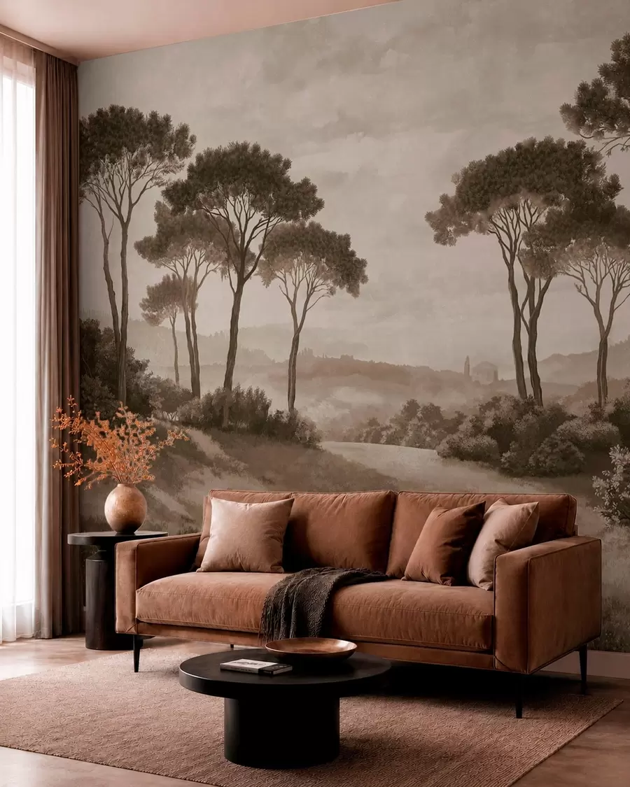 peintures murales Paysage avec des arbres dans des tons sépia vintage w05122v2