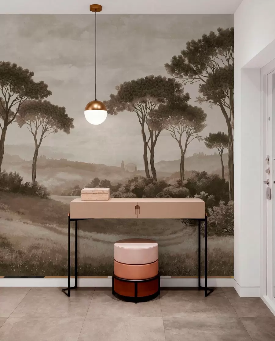 peintures murales Paysage avec des arbres dans des tons sépia vintage w05122v2