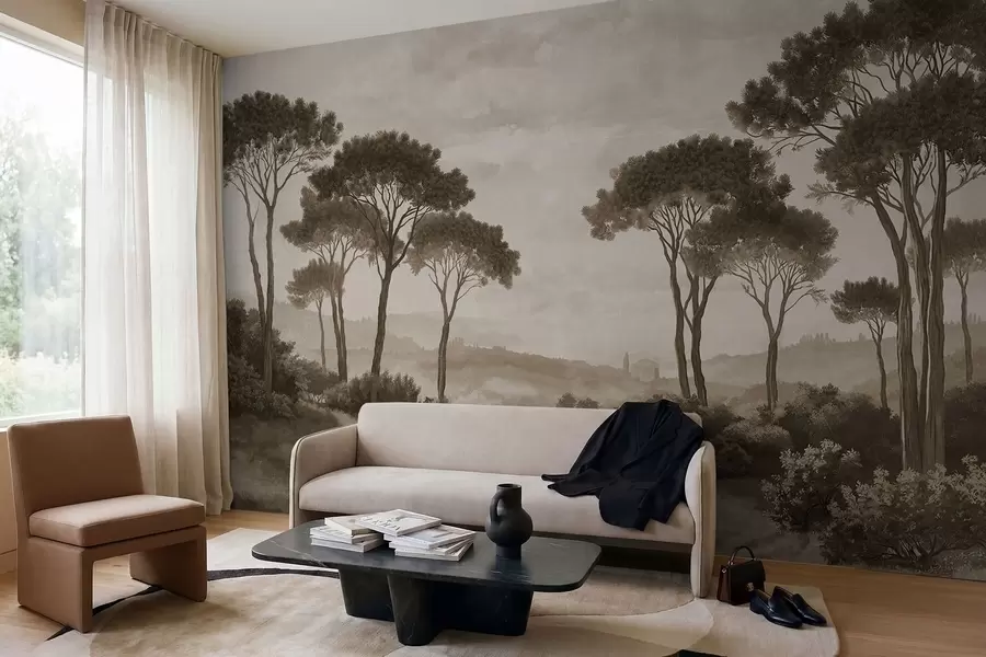 murales Paisaje con árboles en tonos sepia vintage w05122v2