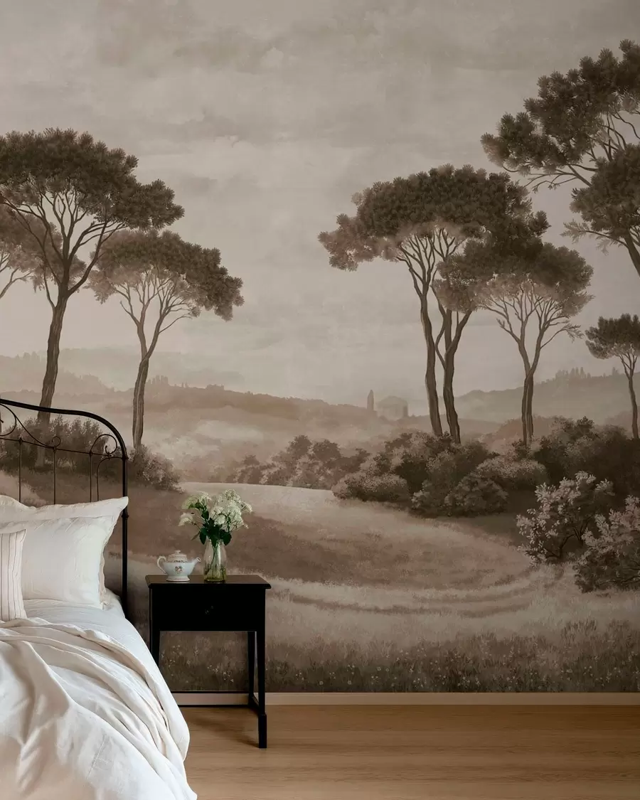 peintures murales Paysage avec des arbres dans des tons sépia vintage w05122v2