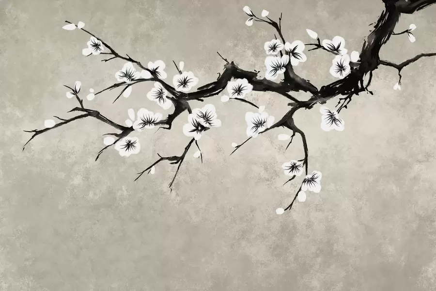wall murals Branch with white blossoms in minimalist style w05425