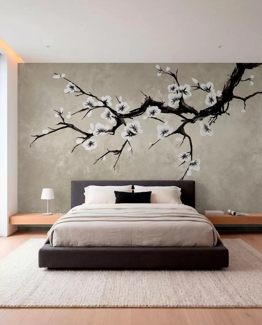 Wall Mural Photo Wallpaper Branch with white blossoms in minimalist style w05425