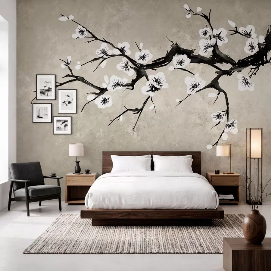 Wall Mural Photo Wallpaper Branch with white blossoms in minimalist style w05425