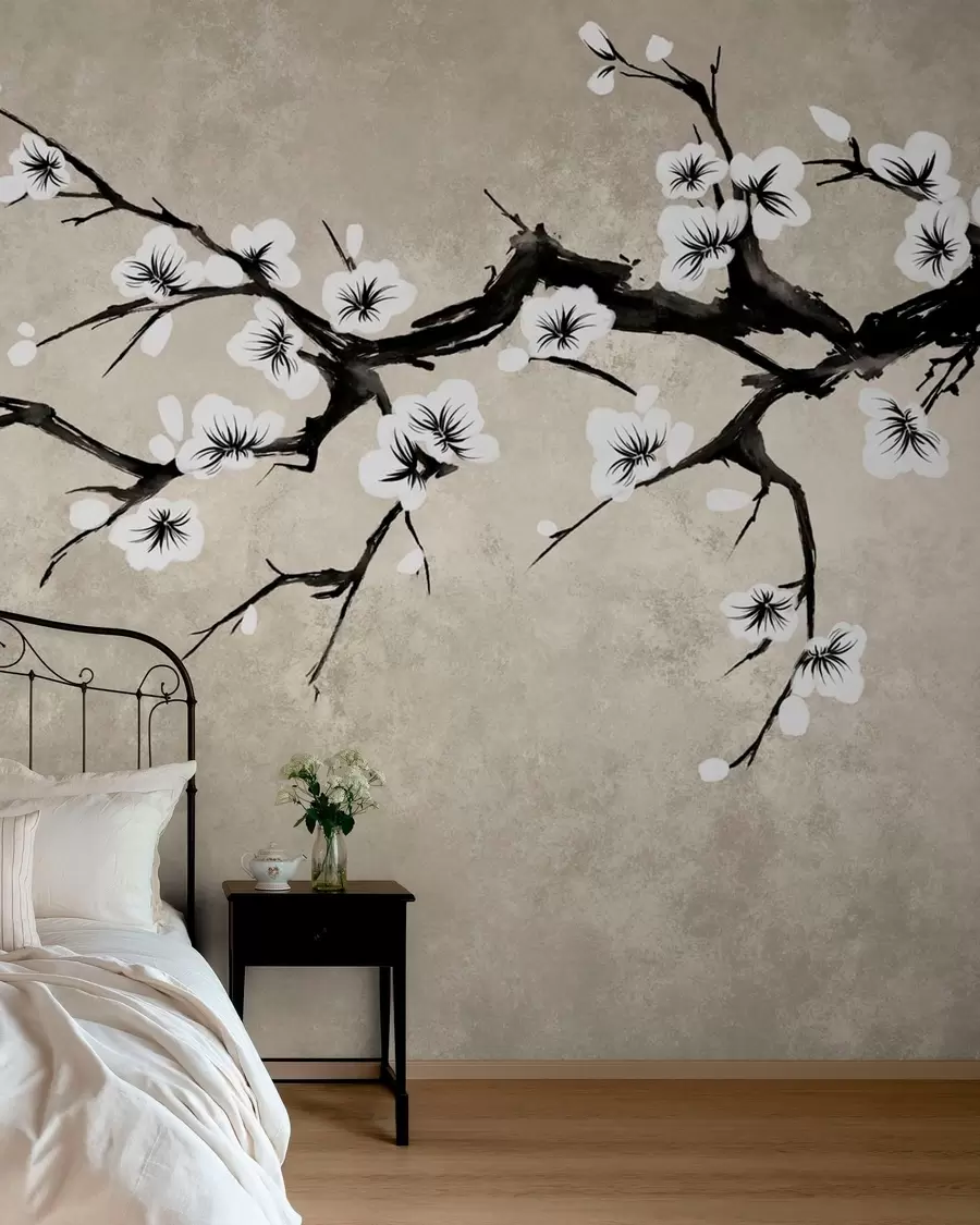 Wall Mural Photo Wallpaper Branch with white blossoms in minimalist style w05425