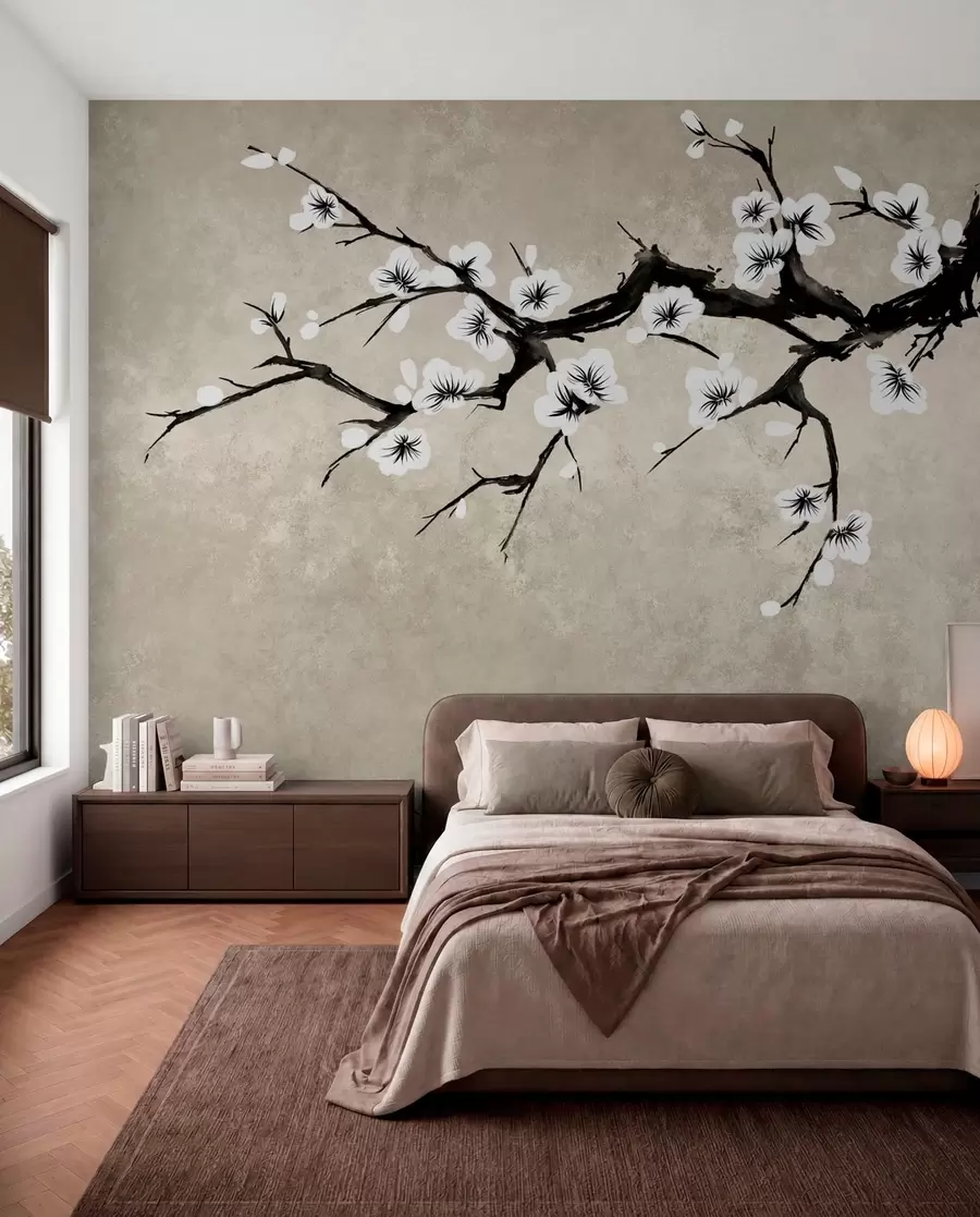 Wall Mural Photo Wallpaper Branch with white blossoms in minimalist style w05425