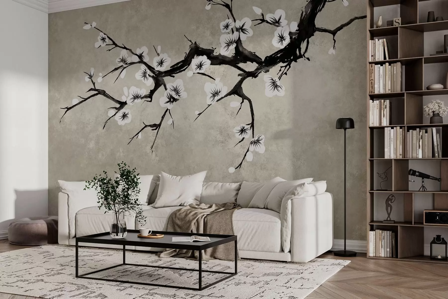 peintures murales Branche fleurie de blanc, dans un style minimaliste w05425