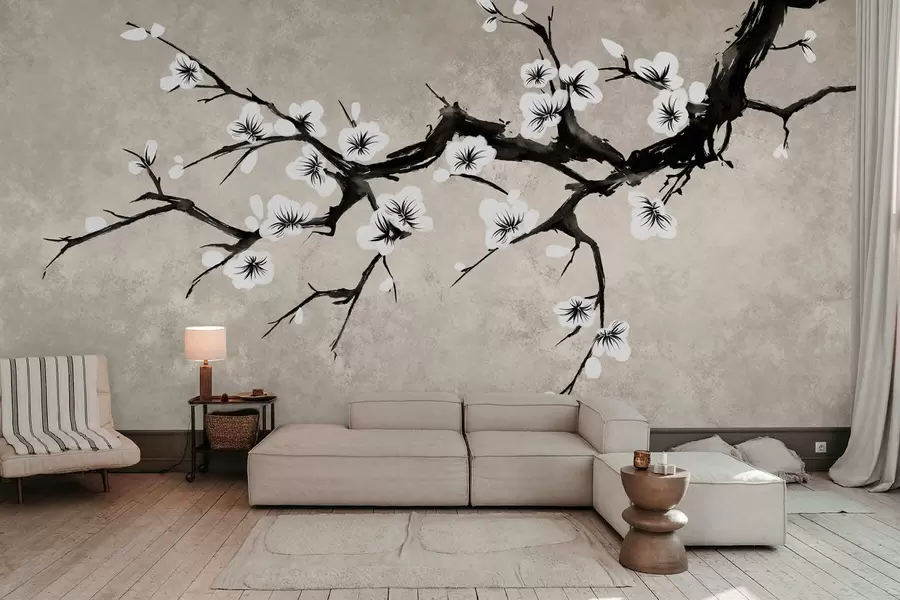 Wall Mural Photo Wallpaper Branch with white blossoms in minimalist style w05425