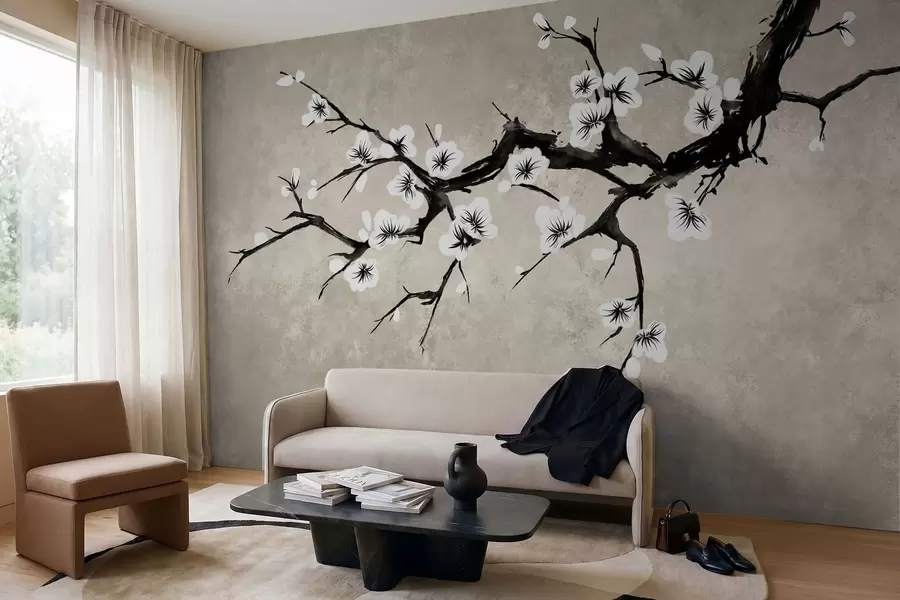 Wall Mural Photo Wallpaper Branch with white blossoms in minimalist style w05425