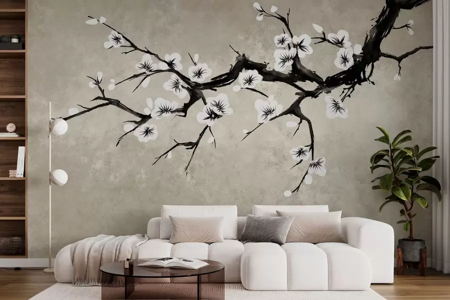 wall murals Branch with white blossoms in minimalist style w05425