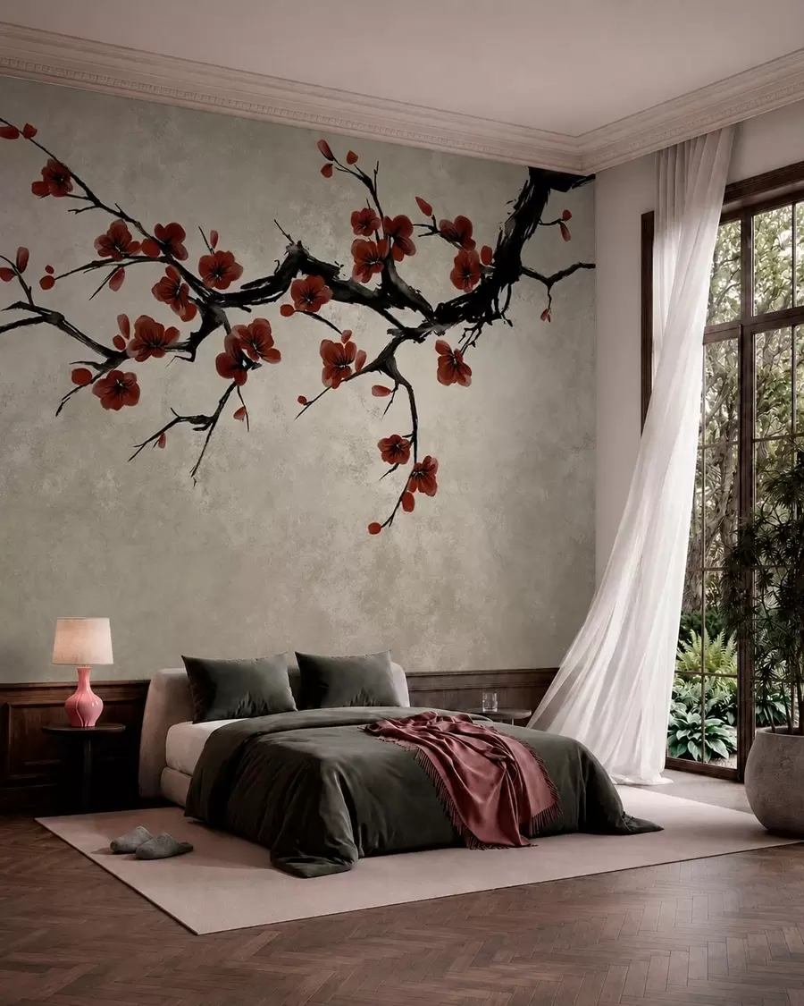 Wall Mural Photo Wallpaper Branch with dark red blossoms on neutral background w05425v1