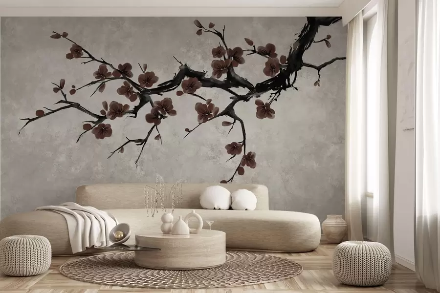 peintures murales Branche aux fleurs rouge foncé sur fond neutre w05425v1