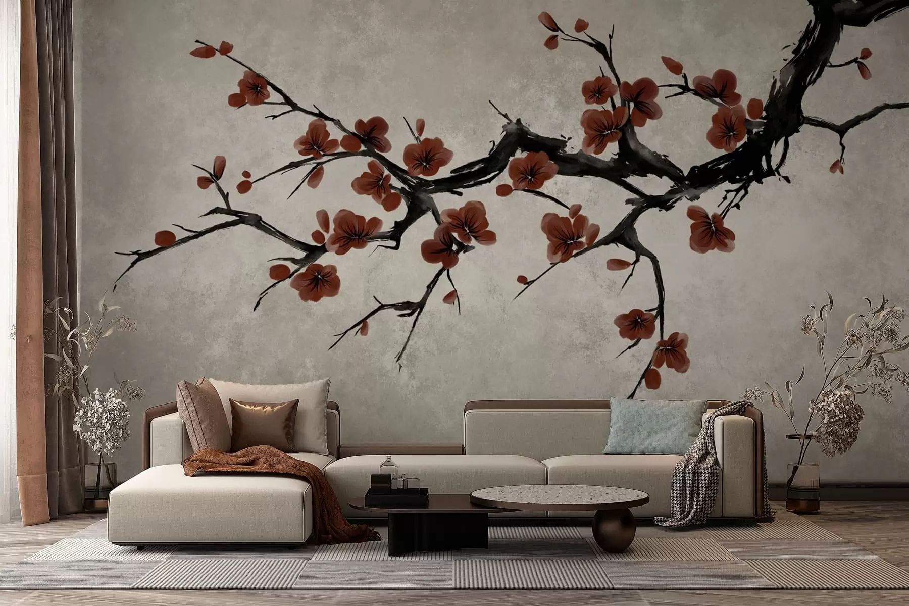 wall murals Branch with dark red blossoms on neutral background w05425v1