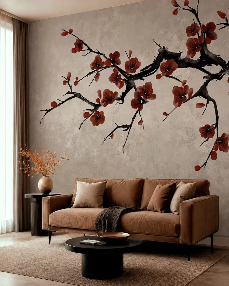 peintures murales Branche aux fleurs rouge foncé sur fond neutre w05425v1
