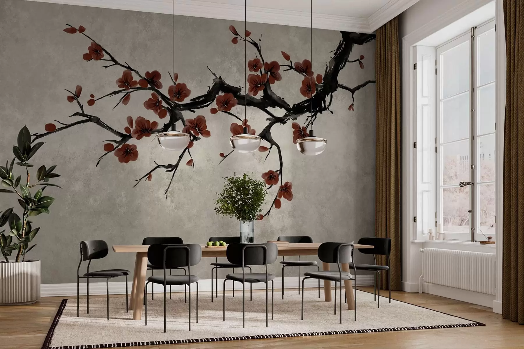 peintures murales Branche aux fleurs rouge foncé sur fond neutre w05425v1