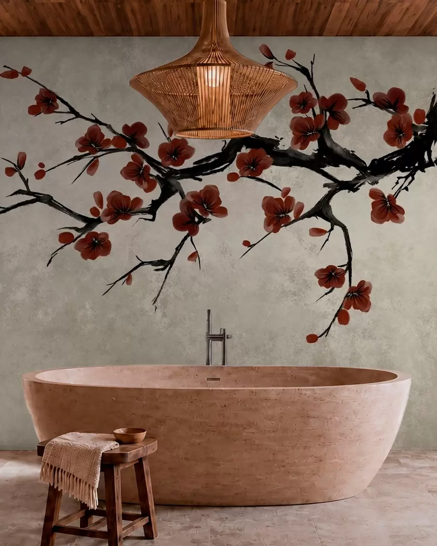 peintures murales Branche aux fleurs rouge foncé sur fond neutre w05425v1