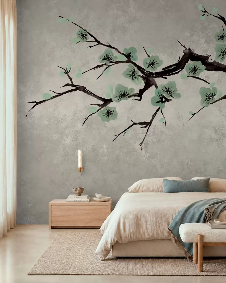 wall murals Branch with green blossoms in calm tones w05425v2