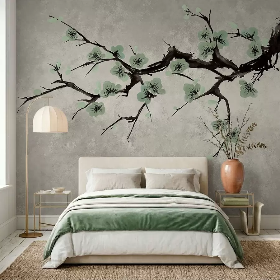 murales Rama con flores verdes en tonos suaves w05425v2