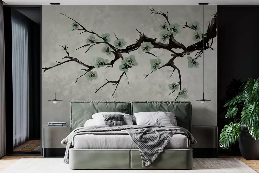murales Rama con flores verdes en tonos suaves w05425v2