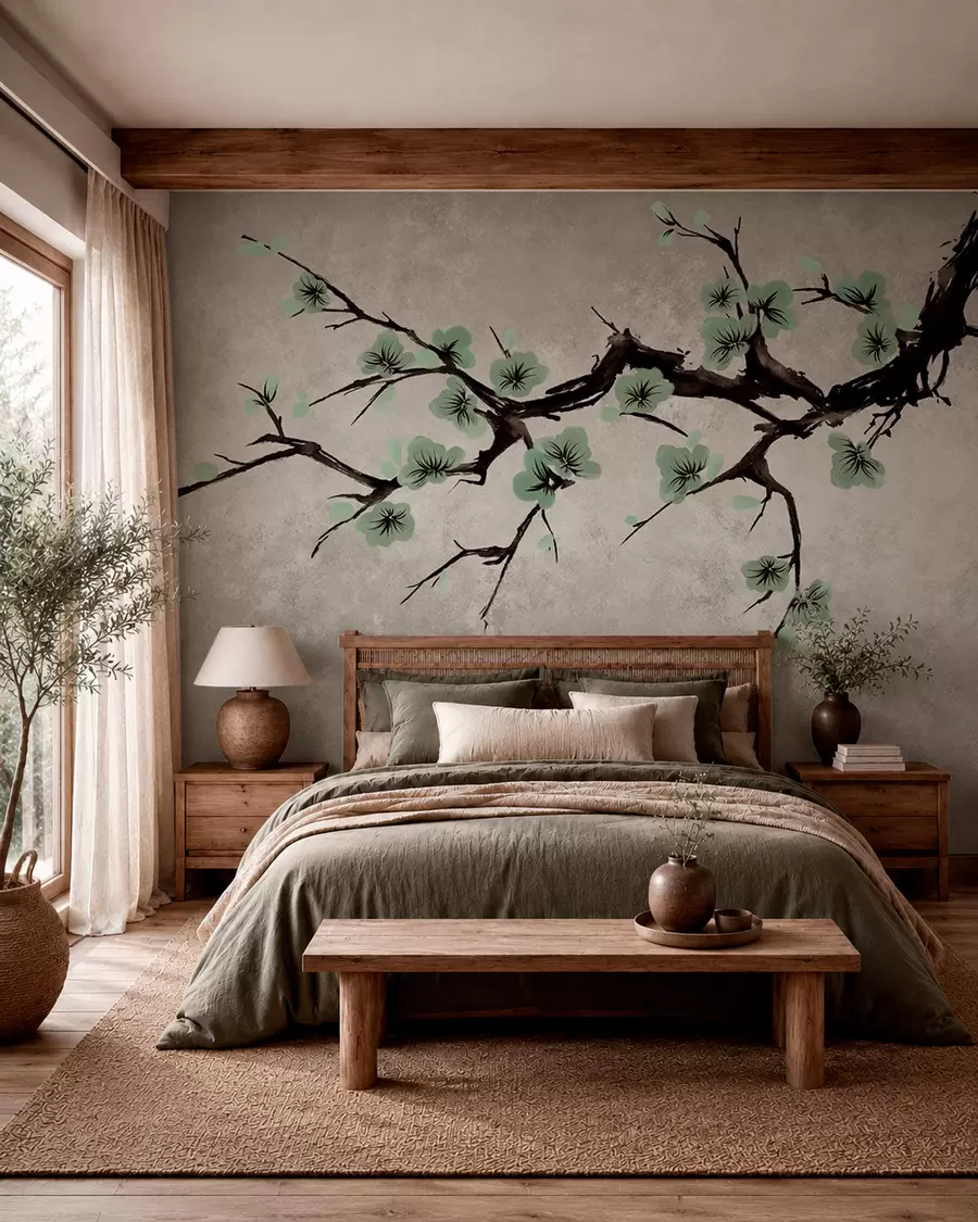 peintures murales Branche aux fleurs vertes dans des tons apaisants w05425v2