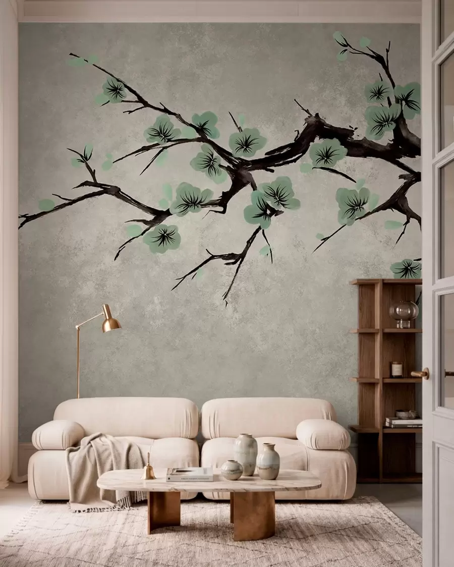 Wall Mural Photo Wallpaper Branch with green blossoms in calm tones w05425v2