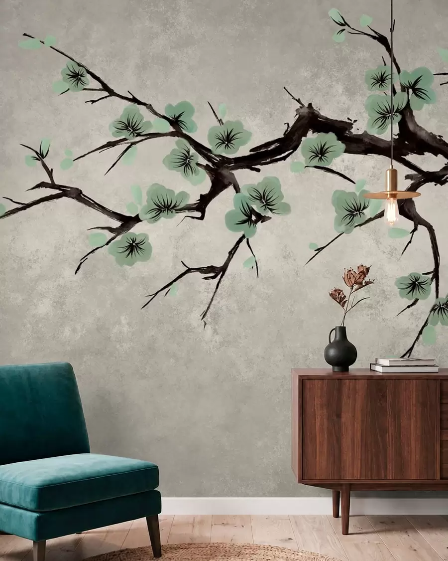 wall murals Branch with green blossoms in calm tones w05425v2