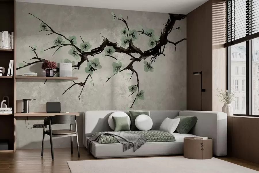 peintures murales Branche aux fleurs vertes dans des tons apaisants w05425v2