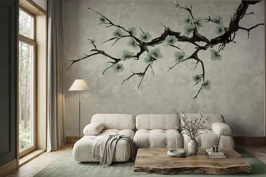 Wall Mural Photo Wallpaper Branch with green blossoms in calm tones w05425v2