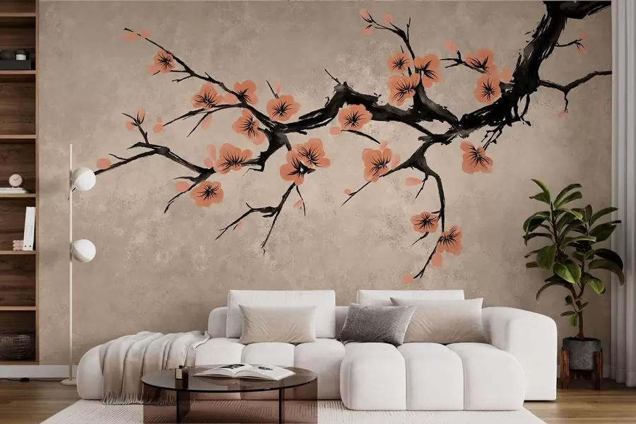 peintures murales Branche fleurie de fleurs de pêcher sur fond texturé w05425v3