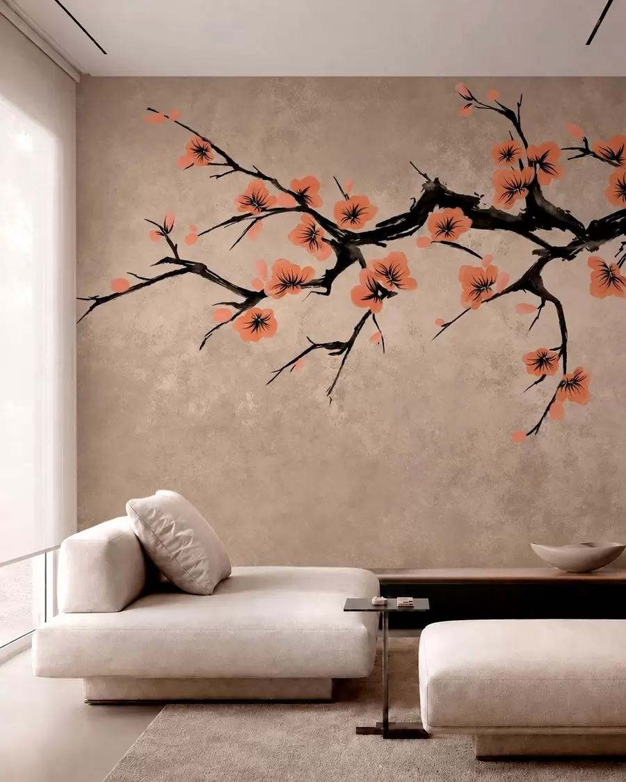 peintures murales Branche fleurie de fleurs de pêcher sur fond texturé w05425v3