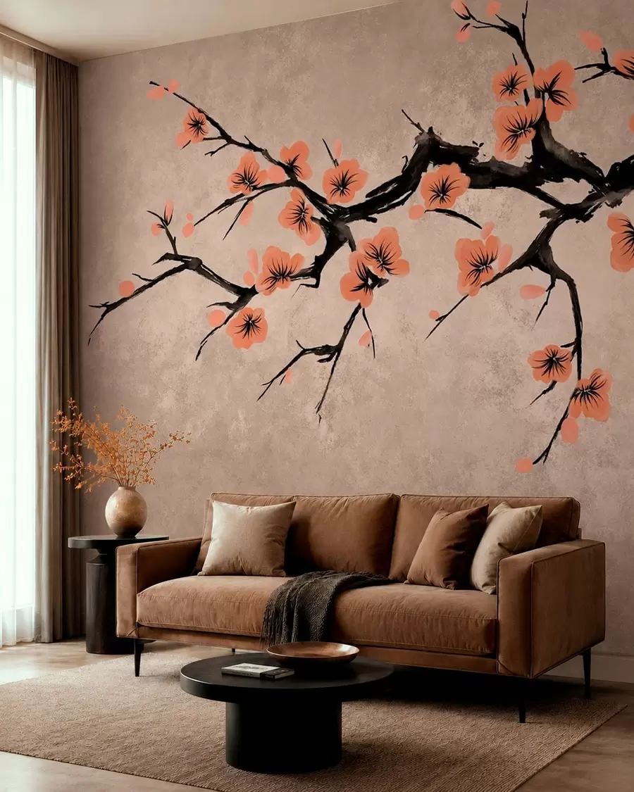 wall murals Branch with peach blossoms on textured background w05425v3