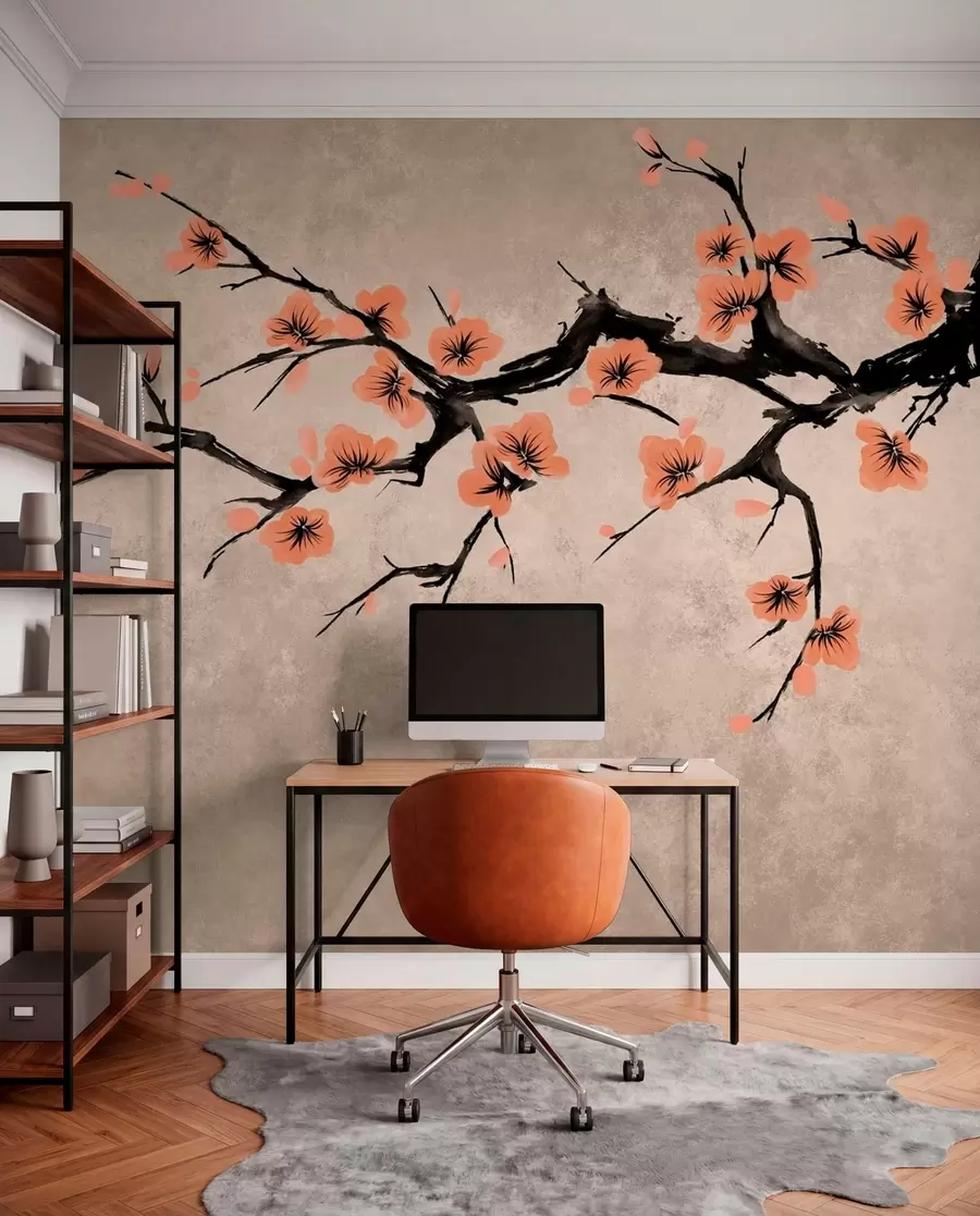 Wall Mural Photo Wallpaper Branch with peach blossoms on textured background w05425v3