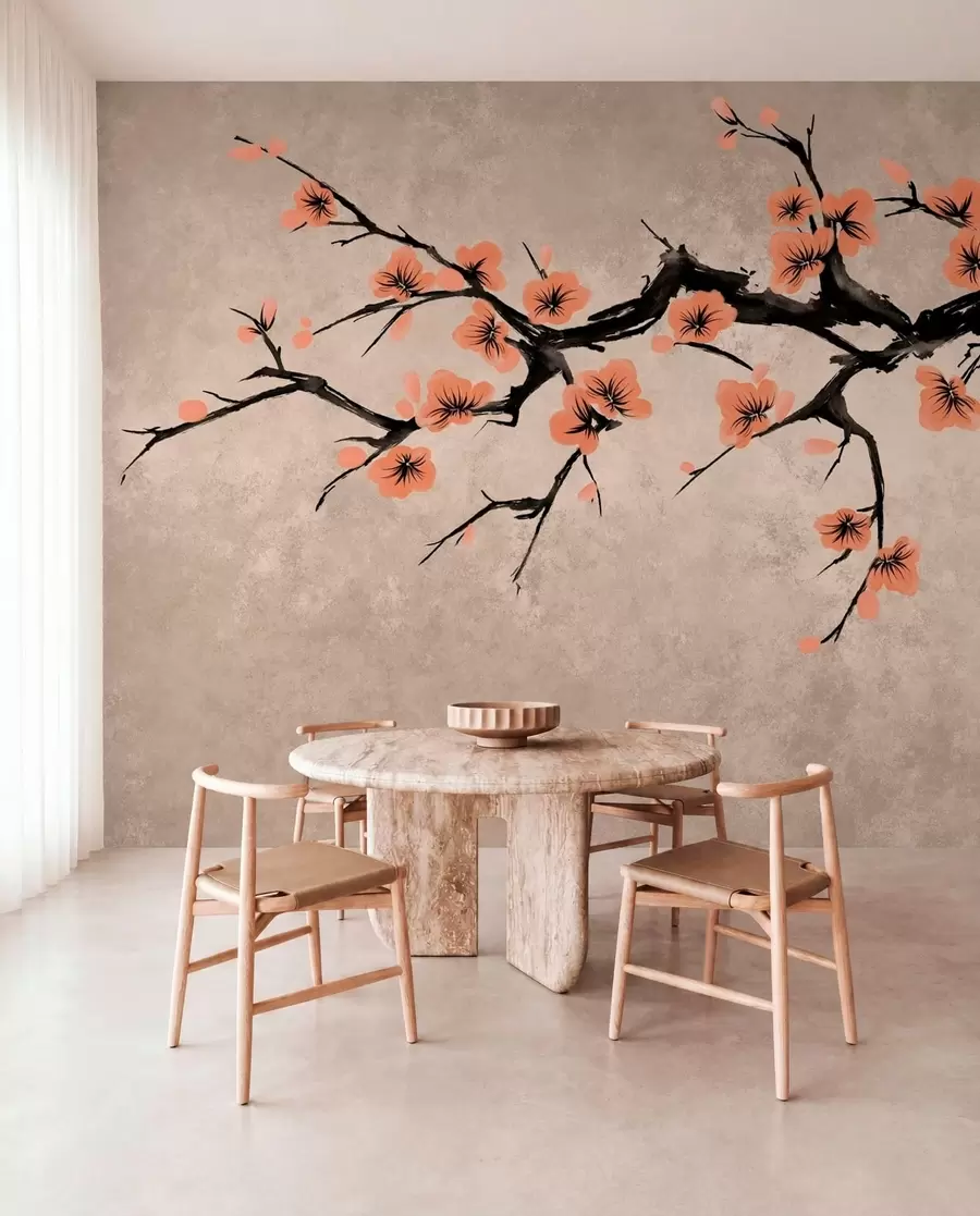 wall murals Branch with peach blossoms on textured background w05425v3